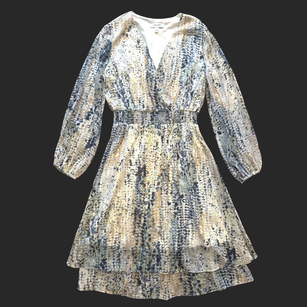 Nine West Blue Tan Abstract Smocked Waist Flowy Tiered Dress 10 boho chiffon